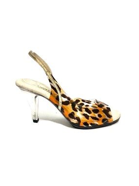 Vintage 1980s leopard print vinyl gold leather accent lucite heel slingbacks